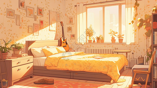 阳光透过窗子照在可爱的黄色调卧室内图片