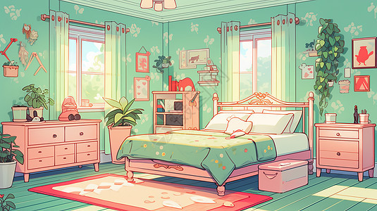 粉色地毯复古床绿色调小清新卡通卧室图片