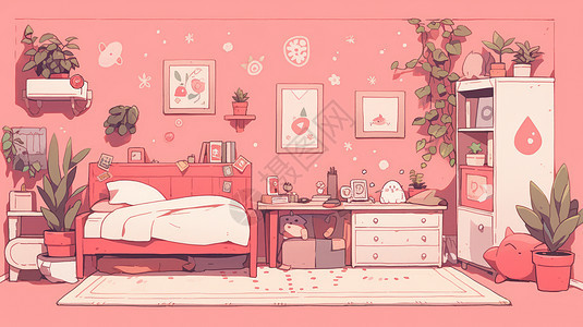 粉色墙面白色地毯有盆栽的小清新卡通卧室图片