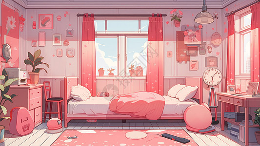 可爱的粉色窗帘温馨的有床的卡通卧室图片