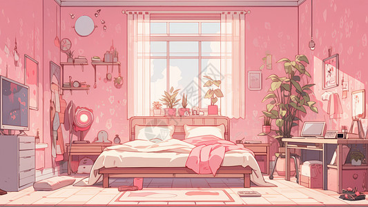 粉色墙面白色床单有窗子的可爱卡通卧室图片