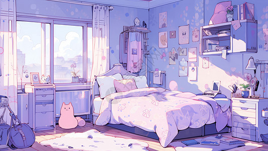 浪漫紫色调小清新大床卡通卧室图片