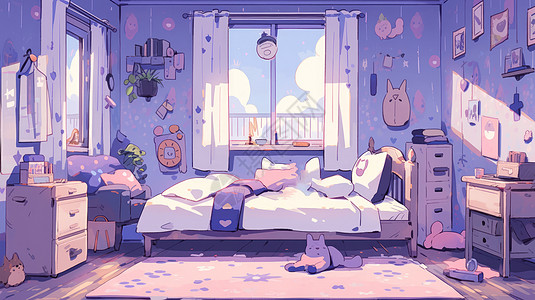在窗子边放着一张大床的温馨紫色调卡通卧室图片