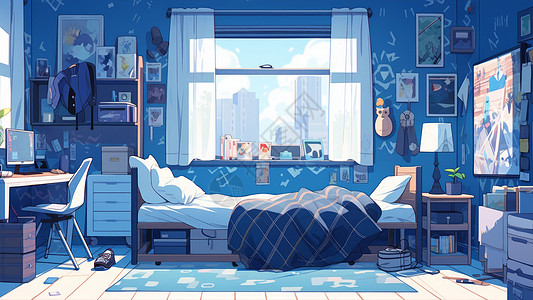 窗子下放着一张单人床蓝色调卡通卧室图片