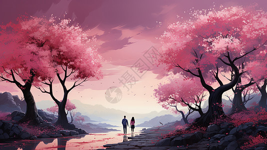 唯美卡通风景一对情侣走在盛开粉色花朵的树下图片