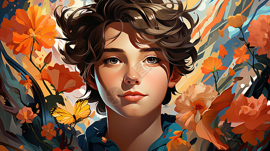 面带微笑的棕色短发卡通男青年与花朵和蝴蝶图片