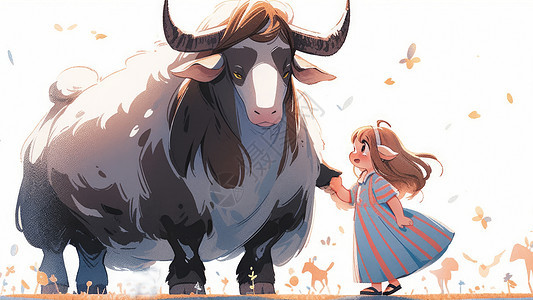 可爱的长发卡通女孩与大野牛儿童插画图片
