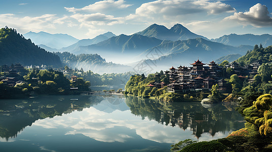 中式建筑河流远山云雾图片