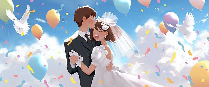 彩带气球七夕蓝天白云下的婚礼插画