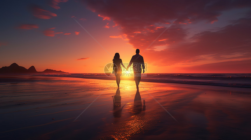 日落时分在海滩上散步的情侣剪影图片