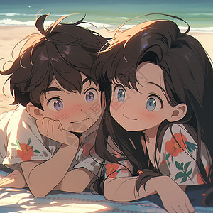 夏天在沙滩上靠在一起的情侣图片