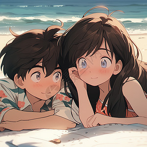夏天靠在一起在沙滩上合影的情侣图片