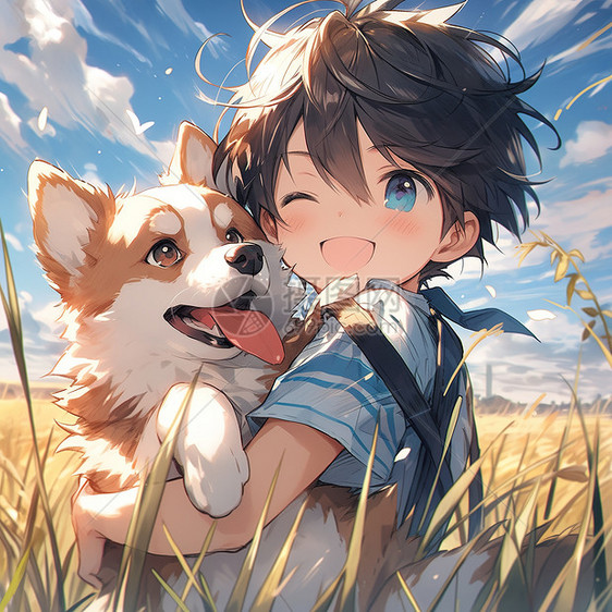 稻田里抱着宠物二次元小男孩图片