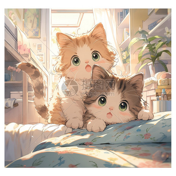 在床上的可爱猫咪插画图片