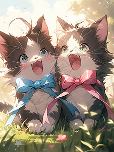 两只带着蝴蝶结的猫插画图片