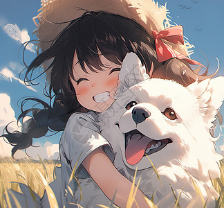 夏日抱着狗狗开心笑的小女孩图片