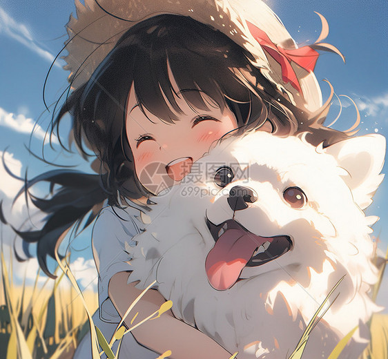 夏天抱着狗狗开心笑的小女孩图片