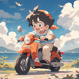 骑着电瓶车出行郊游的小男孩卡通可爱插画背景图片