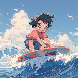 夏天在海边冲浪的小男孩二次元清凉插画图片