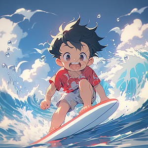 夏天在海边冲浪的小男孩卡通动漫清凉插画图片