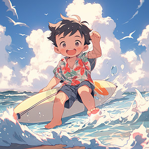 夏天在海边冲浪的小男孩卡通插画高清图片