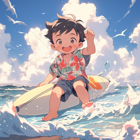 夏天在海边冲浪的小男孩卡通插画图片