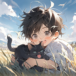 夏天田园里抱着猫咪的小男孩可爱二次元插画图片