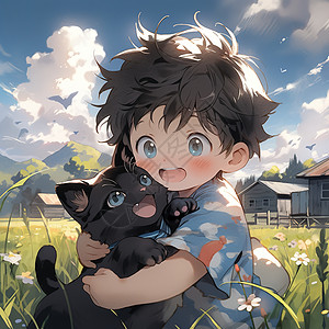 田 园夏天田园里抱着猫咪的小男孩二次元插画插画