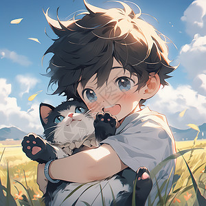 夏天田园里抱着猫咪的小男孩动漫可爱二次元插画图片