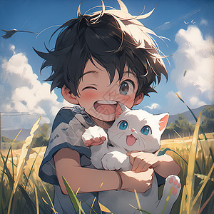 夏天田园里抱着猫咪的小男孩动漫二次元插画图片