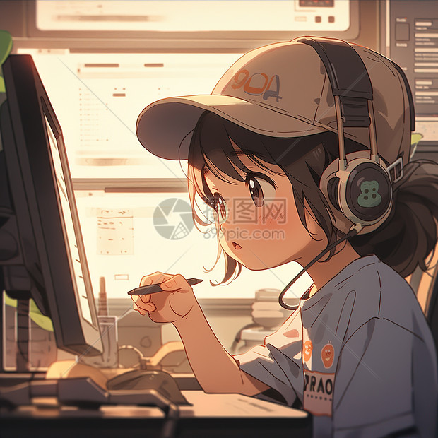 在办公桌前工作的卡通可爱女孩二次元插画图片