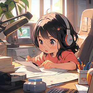 办公桌纸在办公桌前工作的卡通可爱女孩动漫可爱插画插画