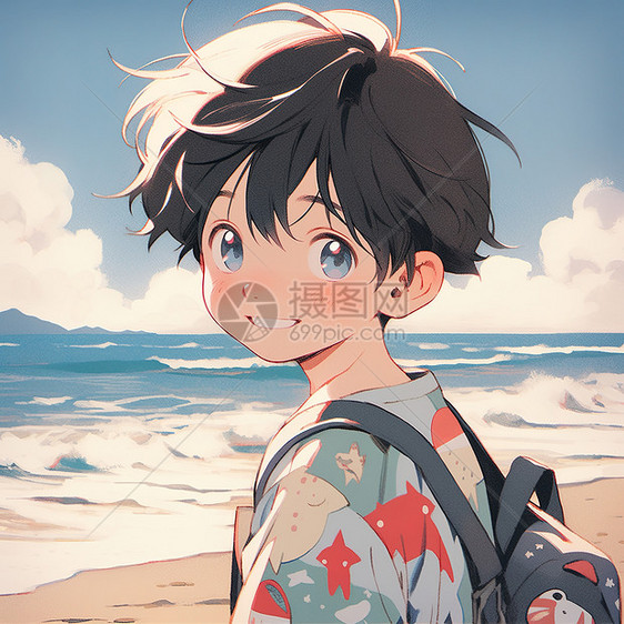 夏天在沙滩边上的小男孩二次元可爱插画图片