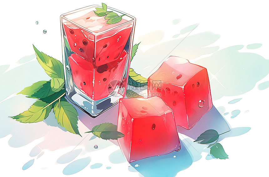 夏日水果西瓜冰饮二次元插画图片