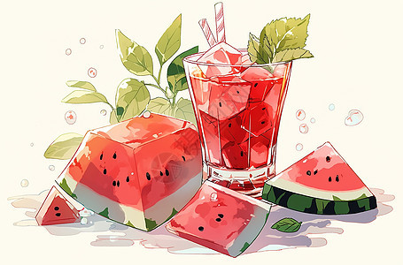 夏日卡通水果西瓜冰饮二次元插画图片