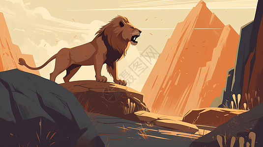 站在石峰上的狮子扁平插画背景图片