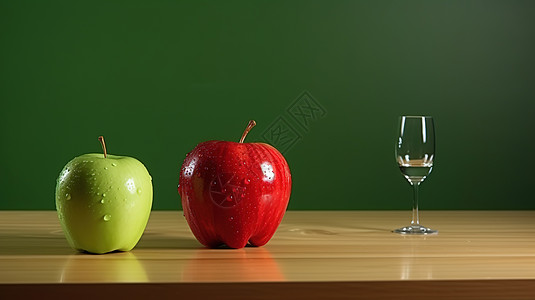 摆放在桌上的苹果和高脚杯图片