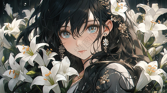 在百合花丛中黑发少女背景图片