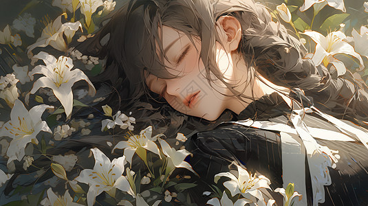躺在花丛中的少女图片