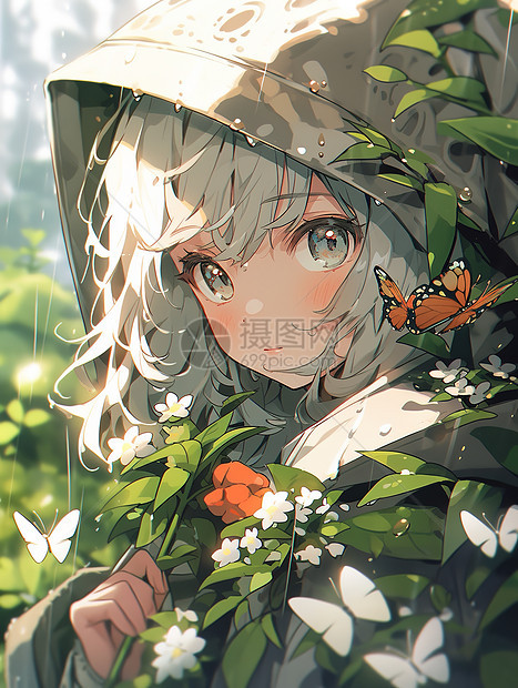 雨天在花丛的少女图片