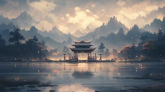 中式山水亭子风景图图片