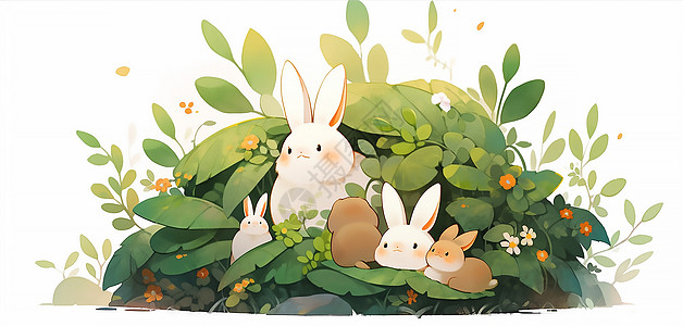 白色石子草丛里的小兔子插画