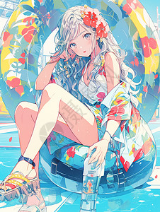 彩色游泳圈穿着碎花裙的少女在泳池上插画
