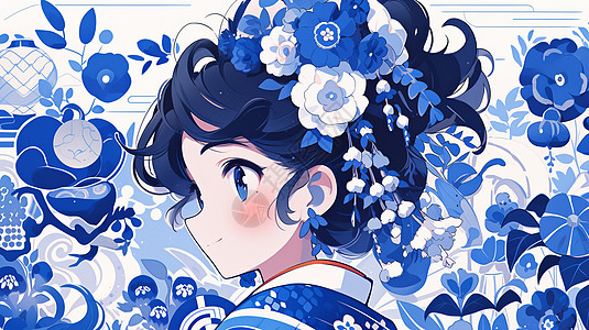 头戴花朵穿蓝色传统服装的卡通女孩图片