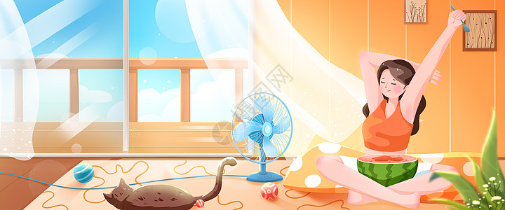 夏季三伏天女孩在家吹风扇吃西瓜乘凉横板插画图片