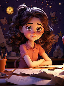 书桌前写作业的大眼睛长卷发卡通可爱女孩背景图片
