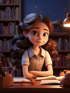 大眼睛卡通小女孩坐在书桌前图片