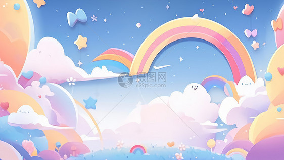 云朵上可爱的彩虹卡通背景图片