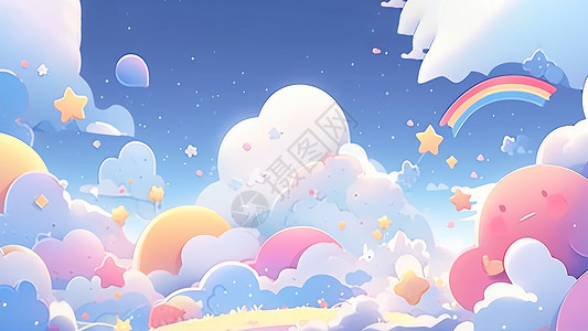 可爱的天空下梦幻卡通云朵背景图片