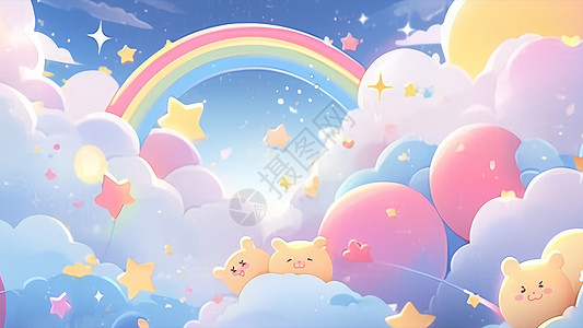 上美丽的彩虹正版插画  |蓝天白云下一望无际的金色卡通麦田正版插画